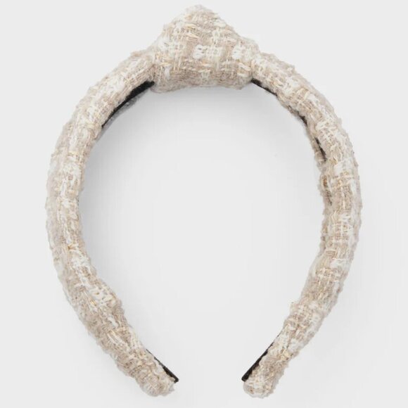 RARE Lele Sadoughi Timeless Beige Tweed Slim Knotted Headband Gold Logo NWOT - Picture 3 of 9
